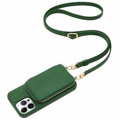 a green cell phone case sitting on top of a lanyard with an iphone in it