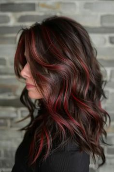 Red Foils In Dark Hair, Dark Hair With Reddish Highlights, Brown Bob With Red Highlights, Brown And Red Highlights Brunettes, Brown Hair With Red Peak A Boo, Low Light Red Hair, Light Brown Hair With Burgundy Lowlights, Light Red Highlights On Dark Hair, Red Purple Hair Highlights