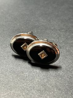 Vintage Gentleman's cuff links Black onyx Made in the USA Spiedel Co Classic Black Earrings For Formal Occasions, Black Clip-on Jewelry For Formal Occasions, Classic Black Enamel Earrings For Formal Occasion, Classic Round Earrings For Business, Black Polished Finish Jewelry For Business, Black Polished Jewelry For Business, Vintage Gentleman, Cuff Links, Black Onyx