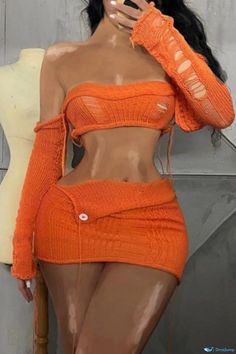 OrcaJump - Elegant Orange Solid Backless Strapless Two-Piece Set with Long Sleeves Crochet Two Piece, Irregular Dress, Orange Outfit, Looks Black, Knit Skirt, Two Piece Dress, Two Piece Outfit, Piece Dress