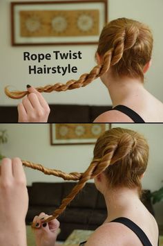 Named for it's appearance and technique, the rope braid is not actually a braid; it's a series of twists. Rope Braiding Techniques, Rope Braid Curls Tutorial, Rope Braid Curls Overnight, How To Braid Rope, Rope Braid Tutorials, Rope Braid Pigtails, Braided Bun Tutorials, Rope Twist Braids, Wedding Hair Tips