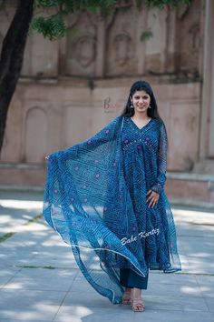 Designer Chiffon Fabric Bandhani Printed Long Aliya Cut Kurti With Pant And Dupatta Set, Kurta Set Women, Salwar Kameez,  Fabric :-  Kurt Fabric :- Chiffon Fabric  Pant Fabric :- Cotton  Dupatta Fabric :-Chiffon Fabric Anarkali  kurta Length :- 48 inch  Pant length:-  38 Inch  Dupatta length :- 2.5 MTR Color :- blue  Size :- S/36, M/38, L/40, XL/42, XXL/44, 3XL/46 Kurti Sets, Anarkali Kurti, Wedding Party Wear, Kurti Set, Anarkali Kurta, Cotton Dupatta, Dupatta Set, Design Clothes, Pant Length