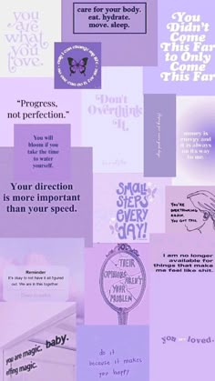 a collage of different types of words and phrases on purple paper with white writing