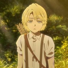 an anime character with blonde hair and blue eyes standing in front of some bushes, looking at the camera