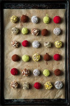 chocolate truffles are lined up on a baking sheet and ready to be eaten