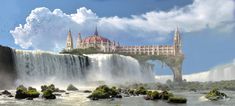 an artistic view of a waterfall with a castle in the background