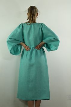 "Spring dress, Handmade turquoise color linen dress with long sleeves and 2 pockets , perfect for casual wear and suitable for any occasion in any season Details: - 100% natural linen produced in Europe ; - medium weight (180 gram per square meter); - color: turquoise, could be any from our colors catalo (color samples at the photo); Made to order, approximately a few days, If you have any questions please message me and I will be glad to answer. Size guide : Size XS Bust: fits bust around 33\"- Linen Casual Dress, Linen Summer Dress, Summer Wraps, Linen Dress Women, Linen Summer, Summer Linen Dresses, Dress Linen, Linen Casual, Dress Handmade