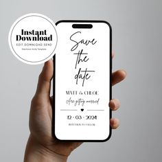 a hand holding an iphone with the text save the date on it and a white background