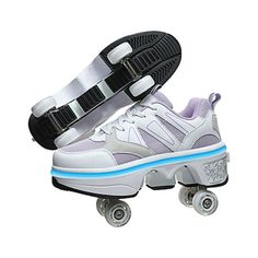 a pair of roller skates with white and blue shoes on top of each one