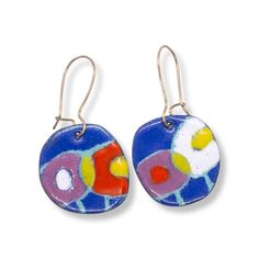 Imagine wearing these distinctive, colorful flower earrings with just about anything!  You'll feel gorgeous and get so many compliments.  These floral  🌷 earrings are lightweight, and are a standout mix of ultramarine blue, mauve, red, white, chartreuse green, and seafoam green. They have high quality antiqued brass ear wires that clasp so you never have to worry about losing them!   What is enamel?   Enamel is made by fusing multiple layers of glass to a prepared metal at a very high heat.  Ea Multicolor Hand Painted Earrings, Whimsical Hand Painted Earrings, Whimsical Blue Drop Earrings, Multicolor Whimsical Earrings, Unique Colorful Earrings For Gifts, Colorful Hand Painted Drop Earrings, Multicolor Hand Painted Drop Earrings, Colorful Hand-painted Drop Earrings, Bohemian Multicolor Enamel Earrings