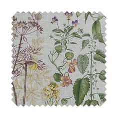 an image of flowers and plants printed on linen fabric with scalloped edges in various colors