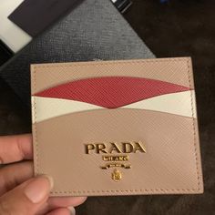 Newest Prada Card Holder For Sale Comes With Box And Authenticity Designer Brown Card Holder For Daily Use, Designer Brown Card Holder, Luxury Brown Card Holder For Daily Use, Designer Beige Wallets, Luxury Leather Beige Card Holder, Luxury Beige Leather Card Holder, Chic Brown Card Holder, Designer Beige Card Holder With Card Slots, Designer Card Holder For Everyday Use