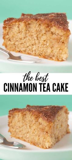 the best cinnamon tea cake is on a white plate with a blue background and text overlay