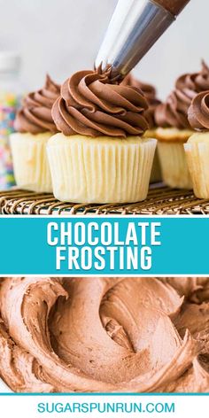 chocolate frosting being spread on top of cupcakes with the words, chocolate frosting