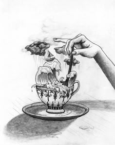 a drawing of two hands reaching for something in a teacup with water pouring from it