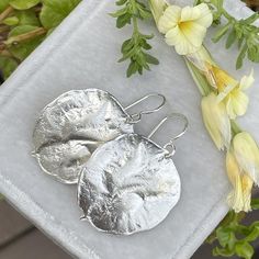 These sterling silver leaf earrings are made from sterling silver money tree castings. These large, comfortable botanical drop earrings have a natural, organic texture.These gorgeous castings of Lunaria Annua (money tree, or honesty plant) leaves retain all of the detail and texture of the original leaves. The surface of the leaves appears to be slightly folded and creased, just like that of the fresh leaves. I collected these leaves from my back yard and to get them ready to cast, built up the Silver Leaf-shaped Minimalist Earrings, Silver Leaf Minimalist Earrings, Minimalist Silver Leaf Earrings, Silver Nature-inspired Earrings For Everyday, Silver Nature-inspired Everyday Earrings, Silver Everyday Nature-inspired Earrings, Everyday Silver Nature-inspired Earrings, Silver Drop Earrings With Nature-inspired Style, Silver Nature-inspired Drop Earrings