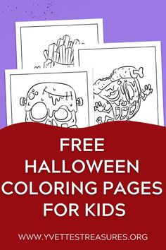 three halloween coloring pages for kids with the text free halloween coloring pages for kids on them