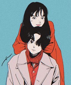 an image of two people that are in the same color and size, one is wearing a red coat