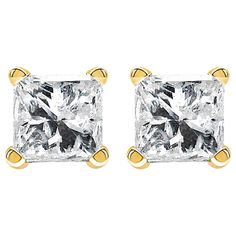 Elevate your style with these stunning IGI certified princess cut solitaire stud earrings. Each earring features a natural diamond weighing 1.0 carat, cut in a classic princess shape and set in a timeless 4-prong setting. The diamonds are of I-J color and VS1-VS2 clarity, making them perfect for those who appreciate classic elegance and timeless beauty. These earrings are crafted in 14K yellow gold and secured with a screw-on finding, ensuring they stay in place comfortably all day long. These e Luxury Square Cut Diamond Earrings, Polished Yellow Gold Square-cut Jewelry, Luxury Square-cut Diamond Earrings, Yellow Gold Flower-shaped Cubic Zirconia Diamond Earrings, Gia Certified Square-cut Sapphire Jewelry, Yellow Gold Solitaire, Solitaire Studs, Classic Earrings, Square Earrings Studs