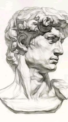 a black and white drawing of a man's head with curls on his hair