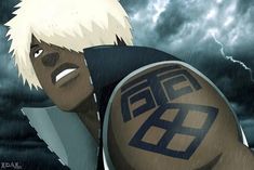 an anime character with white hair and tattoos on his arm, standing in the rain