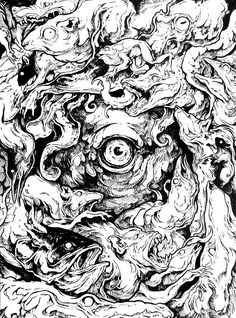 black and white drawing of an eye surrounded by swirling clouds