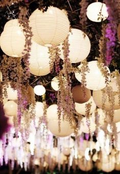 a bunch of white lanterns hanging from the ceiling with words above them that read being hospitalable is a way of life