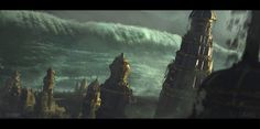 an image of a large wave coming in from the ocean behind a city with tall buildings