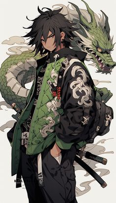 an anime character with a green dragon on his back