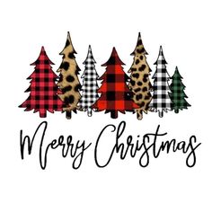 christmas trees with plaid and leopard print are in the middle of a merry lettering design