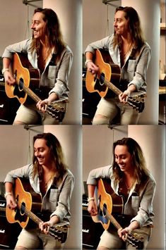 four pictures of a woman playing an acoustic guitar