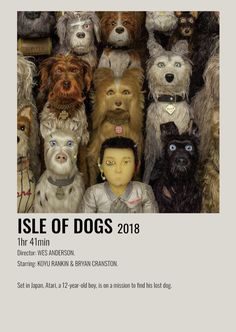 an advertisement for isle of dogs 2013 with many dogs in front of the camera and one person's head