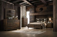 a bedroom with wooden furniture and brick walls