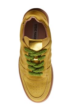 Colorful laces and metallic accents lend visual intrigue to a creamy suede sneaker grounded by a chunky crepe cupsole. Lace-up style Leather upper and lining/synthetic sole Imported Yellow Sneakers, Sneakers Outfit, Suede Sneakers, Metallic Accents, Up Styles, Steve Madden, Womens Sneakers, Leather Upper, Nordstrom