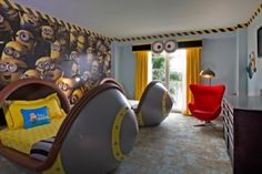 a bedroom with minions the movie theme on the wall