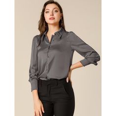 Pair perfectly with your favorite skirts or jeans for a chic look. This satin shirt is a throw-on piece. Wearing this, you can create your stunning chic look effortlessly, and you can be subtly elegant for work now and flirtatiously playful the next. Add this versatile piece to your everyday wardrobe. It can be dressed up or down. The relaxed fit enhances the laid-back look with a bit of glamour. Business Casual Blouse With Back Button Closure For Fall, Fall Workwear Blouse With Back Button Closure, Formal Button-up Solid Color Blouse, Long Sleeve Blouse With Back Button Closure For Office, Long Sleeve Blouse With Back Button For Office, Long Sleeve Blouse With Buttons For Office, Long Sleeve Button Blouse For Office, Office Long Sleeve Blouse With Back Button Closure, Office Blouse With Back Button Closure And Long Sleeves