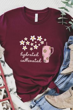 Hydrated Caffeinated Shirt, Stay Hydrated Shirt Coffee Lover Gift, Floral Coffee Tshirt Iced Coffee T-Shirt Water Bottle Tee Watertok Shirt Kidcore Fashion, Cottagecore Clothes, Coffee Lover Gift, Shirt Stays, Personalized Teacher Gifts, Coffee Tshirt