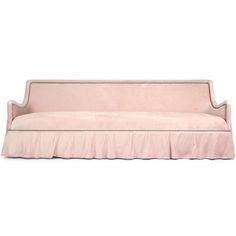 a pink couch with ruffles on the top and bottom, against a white background