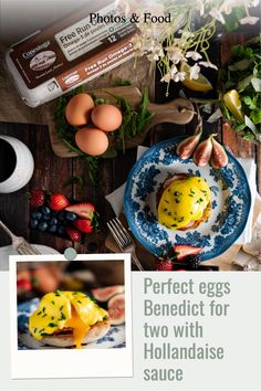 an image of eggs benedict for two with hollandaise sauce on a plate next to other food