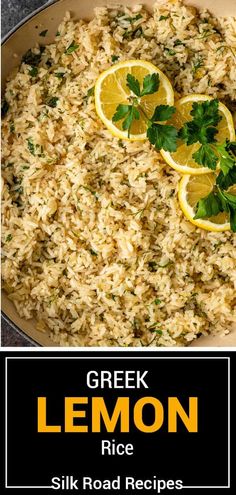 a skillet filled with lemon rice and garnished with parsley on top