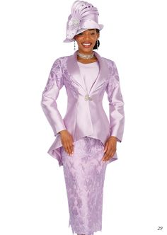 Champagne 5858 3 piece Lace Skirt Suit Colors: Lilac, Yellow Sizes: 8, 10, 12, 14, 16, 18, 20, 22, 24, 26 MATCHING HAT Sold Out Suit Colors, Church Suits And Hats, Cheap Suits, Church Attire, Women Church Suits, Womens Skirt Suits, Corporate Dress, Latest Dress Design, Sunday Dress