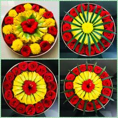 four pictures of different flowers arranged in the same arrangement, each with red and yellow petals