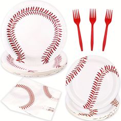 a set of baseball themed plates and forks