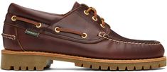 Handcrafted buffed leather boat shoes in burgundy. · Topstitching at moc toe and welt · Lace-up closure · Logo embossed at padded tongue · Padded collar · Logo flag at outer side · Pinched seam at heel counter · Logo embossed at padded leather footbed · Grained leather lining · Lugged rubber sole · Contrast stitching in off-white Part of the Campsides collection. Supplier color: Brown burgundy Brown Moc Toe Boat Shoes, Classic Boat Shoes With Vibram Sole, Classic Leather Boat Shoes With Vibram Sole, Classic Boat Shoes With Vibram Sole And Round Toe, Burgundy Shoes, Leather Boat Shoes, Lipstick Bag, Chain Strap Bag, Oversized Tote Bag