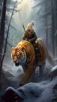 a woman riding on the back of a tiger through a snow covered forest with trees