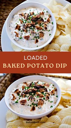 loaded baked potato dip in a white bowl