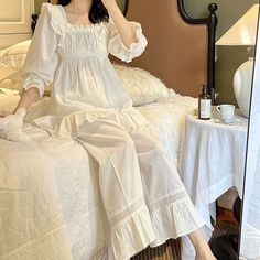 Women 100% Cotton Two-Pieces Pajama Sets Princess Vintage Sqaure Collar Long Pyjamas Spring Full Sleeves Sleepwear Loungewear https://www.awin1.com/pclick.php?p=34847750011&a=1183052&m=6378 Victorian Night Dress, Princess Nightgowns, Cotton Night Dress, Long Nightdress, Women Sleepwear, 사진 촬영 포즈, Vintage Nightgown, Night Dress For Women, Dresses Royal