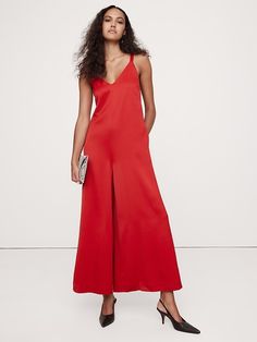 Italian Satin Wide-Leg Jumpsuit | Banana Republic Red Jumpsuit, Perfect Woman, Crepe Fabric, Wide Leg Jumpsuit, Outfits With Leggings, Cocktail Dress Party, Women's Dresses, Elegant Dresses, Perfect Dress