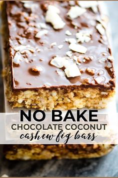 no bake chocolate coconut cashew bars stacked on top of each other with text overlay