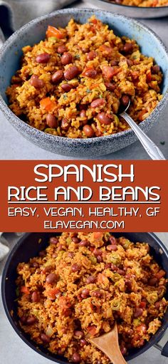 spanish rice and beans in a skillet with a wooden spoon on the side that says easy, vegan, healthy, gf